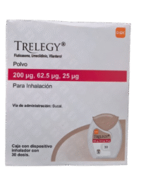Trelegy Fluticasona,Umelcidinio,Vilanterol caja con un dispositivo inhalador con 30 dosis