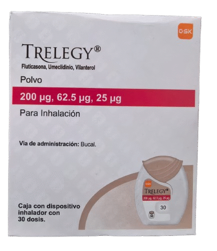 Trelegy Fluticasona,Umelcidinio,Vilanterol caja con un dispositivo inhalador con 30 dosis
