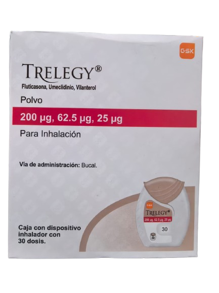 Trelegy Fluticasona,Umelcidinio,Vilanterol caja con un dispositivo inhalador con 30 dosis